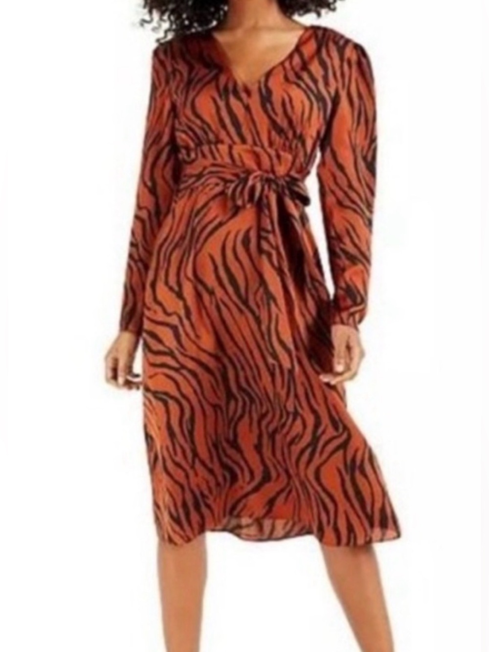 Bar III Animal Tiger Rush Stripe Puff Sleeve Satin Dress- Size Medium